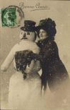CPA Fantaisie Bonhomme de neige Femme Bonne annee 