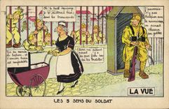 CPA Enfant Bebe Poussette Les 5 sens du soldat Militaria La vue
