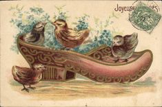 CPA Sabot Fantaisie Poussins Fleurs 