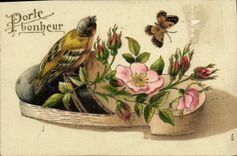 Vintage Postcard Slipper Fantasy Bird Butterfly