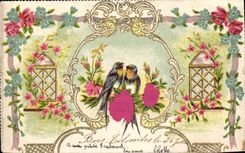 CPA Fantaisie Fleurs Hirondelle 