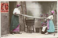 Vintage Postcard Sharpening Washing Child wife