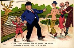 Postal Fantasia Ilustrador Niño dice a Papá Ciervo Cuernos