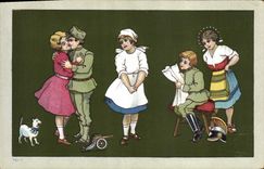 Postal Fantasia Ilustrador Niños Militaria