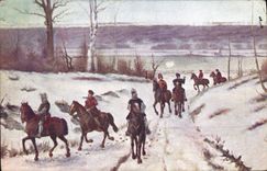 CPA Jeanne d'Arc accompagnee de six hommes d'armes 