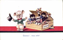 Postal Fantasia Ilustrador Gato Gatos Perro