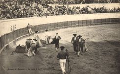 Postal Corrida Curso de toros Arenas de Beziers la puesta se murió Puntilleros