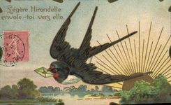 CPA Fantaisie Fleurs Hirondelle Soleil