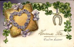 CPA Fantaisie Fleurs Trefles Fer a cheval