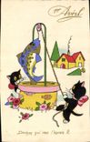 Vintage Postcard Fantasy Illustrator Cats Poisson April 1st