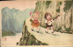 Vintage Postcard Fantasy Illustrator Children Guitar