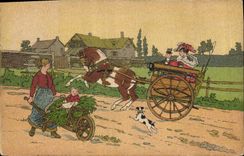 Vintage Postcard Fantasy Illustrator Caleche Horse Dog