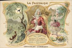 Vintage Postcard the Fountain the fox and the corbel the laitiere and the Pot with milk Lombart Chocolate