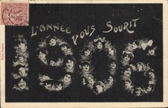 Vintage Postcard Fantaisie Flowers Year 1906 the year smiles you Femmes