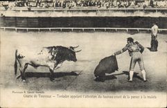 CPA Corrida Course de taureaux Toreador appelant l'attention du taureau avant de la passer a la muletta 