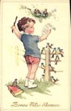 Vintage Postcard Fantaisie Good Child celebrates Oiseaux mom