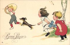 Vintage Postcard Fantasy Children Easter Dog