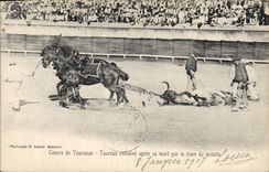 CPA Corrida Course de Taureaux Taureau entraine apres sa mort par le train de mulets 
