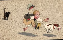 Vintage Postcard Fantasy Man Dog Black Cat