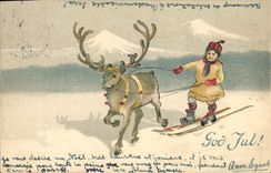 CPA Fantaisie Enfant Renne Ski 