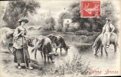 Vintage Postcard Fantasy Woman Cows Horse