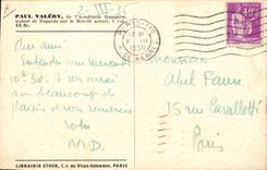 Postal Paul Valéry de la Academia Francesa Autor de Miradas sobre el Mundo actual