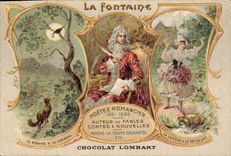 CPA La Fontaine Le renard et le corbeau La laitiere et le pot au lait Poete et romancier Chocolat Lombart 