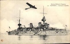 CPA Bateau de Guerre Suffren Cuirasse a tourelles Avion Aviation 