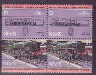 Nevis 1$ Train Evening Star 1960 surcharge SPECIMEN ** Luxe Bloc de 4