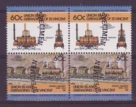 Grenadines of St Vincent 60c Train Prince Regent 1812 ** Luxe Bloc de 4 Surcharge SPECIMEN