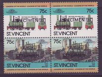 St Vincent 75c Train Hetton Colliery ** Luxe Surcharge SPECIMEN Bloc de 4