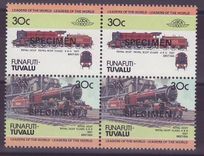 Funafuti Tuvalu 30c Train Royal Scot 1927 ** Luxe Surcharge SPECIMEN Bloc de 4