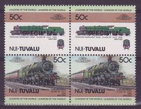 Nui Tuvalu 50c Train Princess Margaret Rose Class BP 1935 ** Luxe Surcharge SPECIMEN Bloc de 4