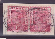 Gambie Gambia Cancelled Liverpool 1p Victoria Strip of 2 on parcel Posted on steamer