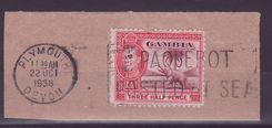 Gambie Gambia 1 1/2d Elephant Paquebot Cancel Parcel Plymouth Devon 1938