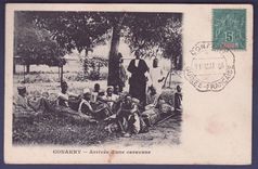 Guinee 5c Groupe avec Rare Cachet Telegraphes Conakry 11 MAI 04  sur CPA Conakry Arrivee d'une caravane
