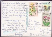 Gambie Gambia Postcard with Banul can dated 1983 Fleurs to Berhill on Sea  Sussex  England