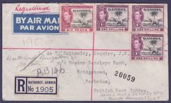 Gambie Gambia Lovely registered cover franked with 3 1S values and 6d affixed  to Bridgetown  Barbados  can 1947  Rare