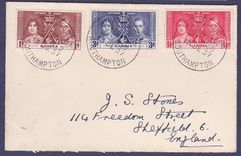 Gambie Gambia Nice Paquebot Southampton handstamps on Coronation values  dated 13 DE 37  to Sheffield  England