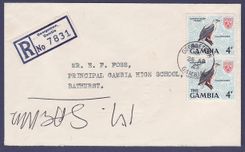 Gambie Gambia Registered cover with pair of 4d Kulangjango bird issue  can Georgetown 28 AR 1967  to Bathrust (oiseau)