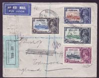 Gambia Gambie Cover with various Jubilee stamps canc Bathurst 35 and rare Air Mail cachet on back  Freetown cachet  for 