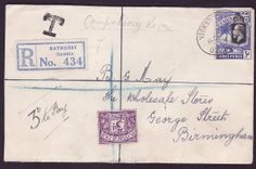 Gambia Gambie Registered mail with 3d Elephant stamp candc NO 28 and 3d Postage Due affixed  to Birmingham  England