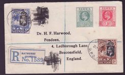 Gambia Gambie 1d + 3d values + EVII values for Beaconsfield  England  canc 1931