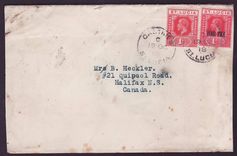 Cover St Lucia Lucie franked with 1d + War Tax 1d value for Halifax  Canada  dated OC 18