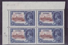 Gambia Gambie KGV Silver Jubilee 3 deep blue & scarlet u/m ** block of 4 VARIETY Extra Flgastaff SG 144b