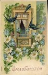 CPA Fantaisie Fleurs Hirondelles 