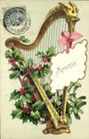 CPA Fantaisie Fleurs Harpe 