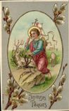 CPA Fantaisie Fleurs Enfant Agneau Paques 