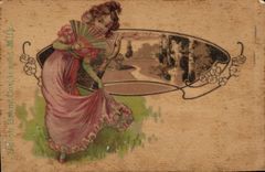 Postal Fantasia Mujer Abanico (tarjeta en madera)