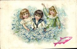 CPA Fantaisie Fleurs Enfants Poisson 